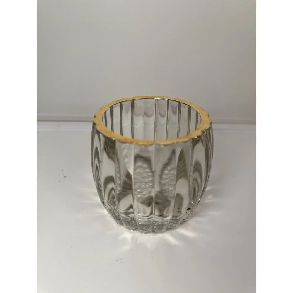 Vintage Jeannette National Clear Glass Sugar Bowl Gold Trim Ribbed Hobnail Base